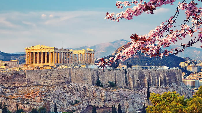 A view towards the Acropolis in Athens through blossom, Greece